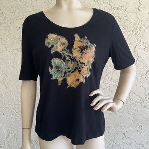 ESCADA Sport Top Black Abstract Ombre Print Rhinestone Bedazzle Tee Shirt XL